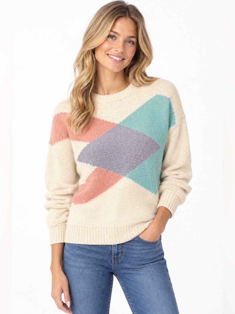VTG 80s Ski Sweater Obermeyer Wool Blend Diamond Retro Knit‎ Womens M Pink Blue